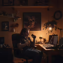 a man in a chair looking at the camera, while he sits next to a pipe cleaner and his pipe
