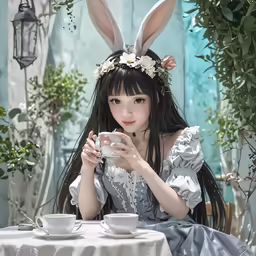a painting of a woman in rabbit ears using a cell phone