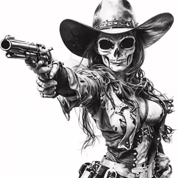 the woman with a revolver in her hand is dressed as a skeleton