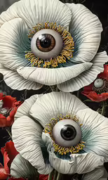 three white flowers with an eye on the top