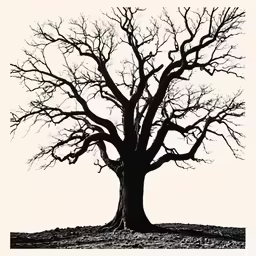 a large black and white tree on top of a hill