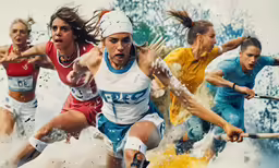 four people playing with water while wearing headbands