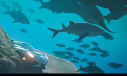 a car is driving on a road under the water