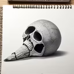 an art work with pencil drawing and a ball of bones