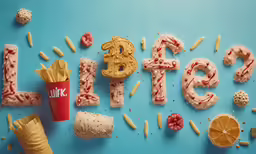 different foods being eaten on a blue surface