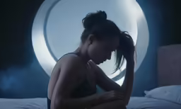 a woman sitting in front of a large circle of lights