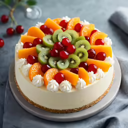a cake with fruit toppings on it and a glass of water
