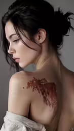 a woman with her arm showing red and brown scars