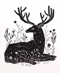 a deer with antlers lying down in the grass,a print with a deer laying in the grass