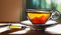 a glass cup with some food inside of it,there is a cup of tea on a saucer with a spoon