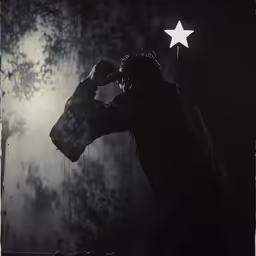 a man holding a star to his ear