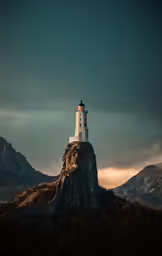 a light house sits on top of a rocky hill