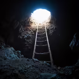 a ladder leading up into a dark cave