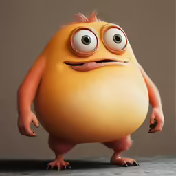 a cartoon character with large eyes in a studio environment