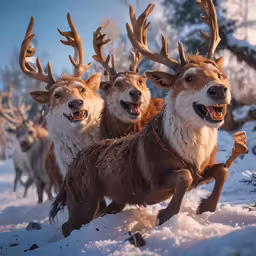 a herd of reindeers running through snow covered forest