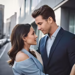 two people standing side by side in a city