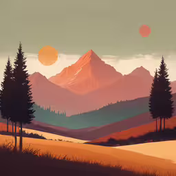 a painting of some trees and mountains and orange hues,a landscape with some trees, mountains and orange sun