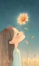 a little girl and a flower in the field