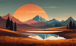 a painting of a sunset with mountains, grass, and lake,an oil painting of a mountain lake and the sun shining down