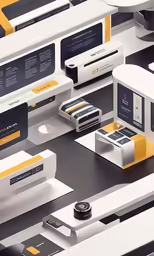 a group of devices, with business cards and labels