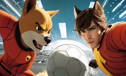 two cartoon men are holding a soccer ball in their hands