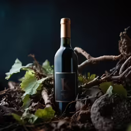 a wine bottle sitting on top of leaves in the dirt
