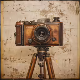 an old camera is mounted to an easel on a tripod