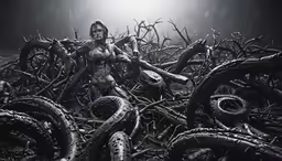 a beautiful naked woman surrounded by many bikes and tires