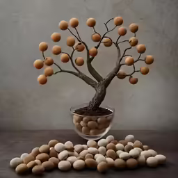 a plant sits on the ground near a bowl of almonds