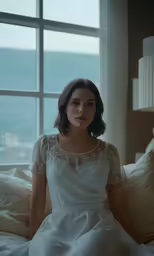 a beautiful woman in a dress sitting by a window