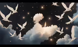 white birds flying on night sky with bright light