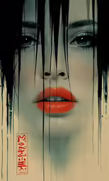 a young girl with black hair and red lips with black streaks on her face
