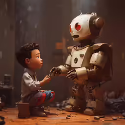 a small boy touching the robot on the floor