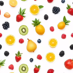 a background featuring cut fruit and berries