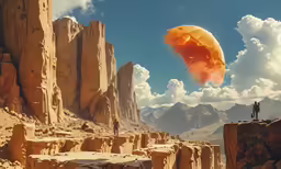 a person flying a giant orange umbrella over a rocky canyon
