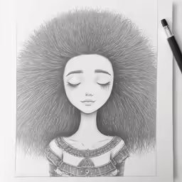a woman with a large hair sitting on top of a paper