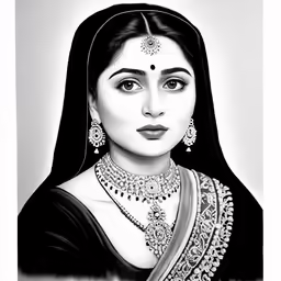 a black and white drawing of a woman in jewellery