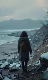 a person wearing a blue jacket and gray coat walking toward the water