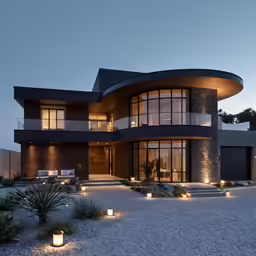 an architectural house with two levels and a large balcony