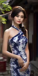 a woman with big breast in dress poses for the camera,a very pretty asian girl wearing a dress