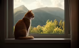 a cat sitting on a window sill, looking out at mountains