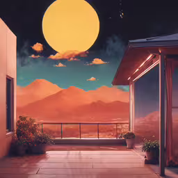 there is an open balcony with sunset and mountain background,a balcony with a view of the moon and mountains