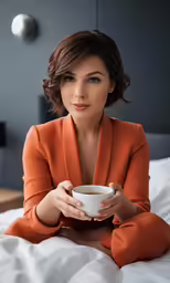 a woman in a suite is holding a cup