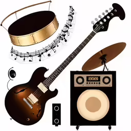 guitar instruments with an amp and drum sit atop each other
