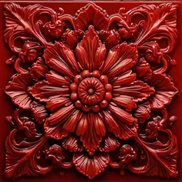 a red piece of artwork with flowers on it