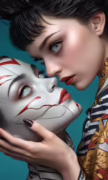 a woman kissing a creepy face next to another woman