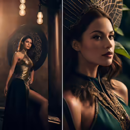 the beautiful asian woman poses in a green dress