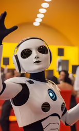 a robot is wearing headphones, making gestures