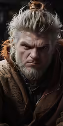 an angry looking man with a beard sitting in a chair