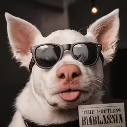 a small dog wearing sunglasses with a sign